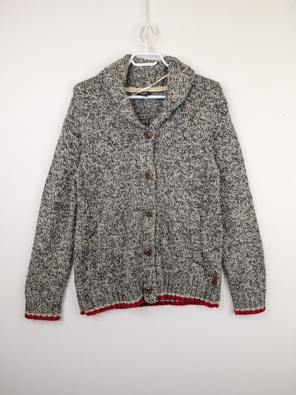 Vintage Roots Men's Shawl Collar Cardigan Sweater - Heather Gray with Red Trim